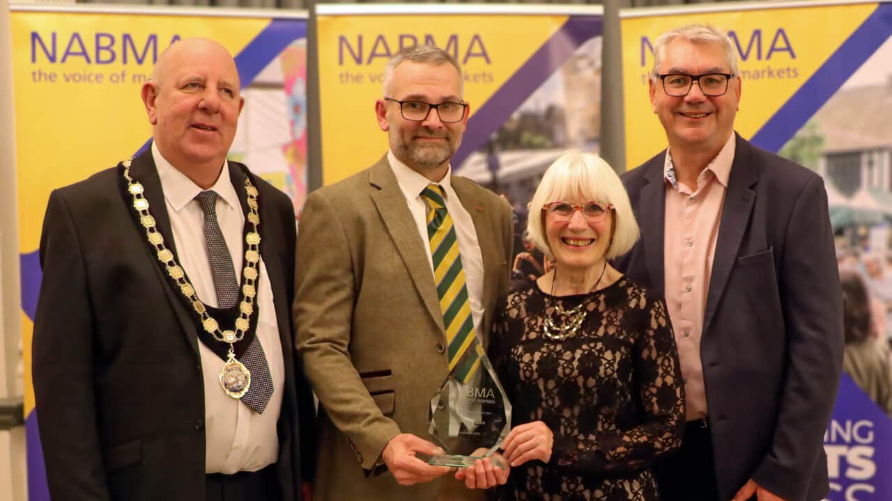 L-R: Councillor David Hopkins, President of NABMA; Councillor Denise Denis of Wells City Council; and Mark Parry from ZAPP, the award sponsors.