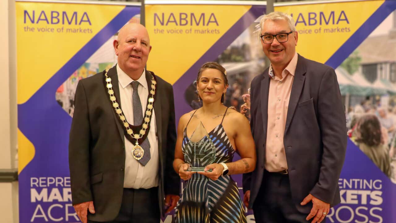 L-R: Councillor David Hopkins, President of NABMA; award winner Rachel Harban of Barnsley Market; and Mark Parry from ZAPP, the award sponsors.